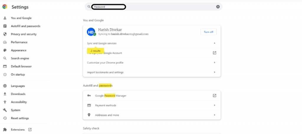 Search for Password in google chrome settings page